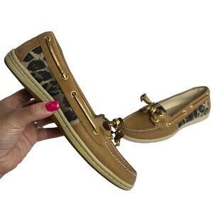 Sperry Angelfish Leopard Cheetah Print Tan Boat Slip on Shoes Women’s Size 7.5